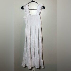 Hill House nap dress womens L white Swiss dot tiered maxi dress ruched bodice